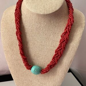 Elegant Red Beaded Necklace with Turquoise Accent